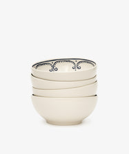 The Arco Cereal Bowl, Set of 4, features four white ceramic Portuguese bowls with a subtle blue inner rim design, ideal for anyone seeking contemporary yet charming tableware.
