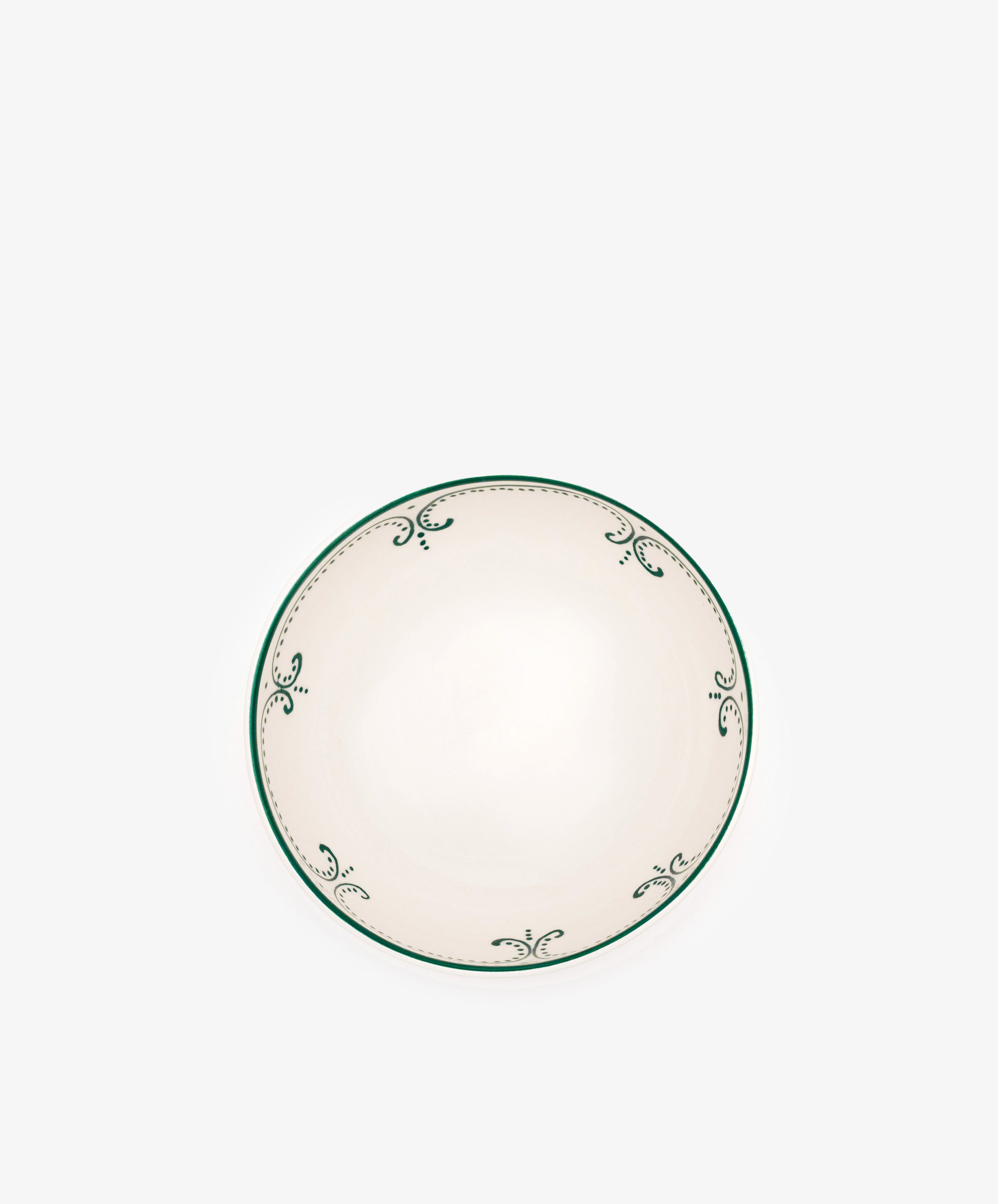 A set of four Arco Cereal Bowls featuring round, white ceramic bodies with green decorative borders and simple swirl patterns inspired by traditional Portuguese designs, displayed on a plain white background.