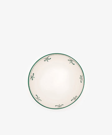 A set of four Arco Cereal Bowls featuring round, white ceramic bodies with green decorative borders and simple swirl patterns inspired by traditional Portuguese designs, displayed on a plain white background.