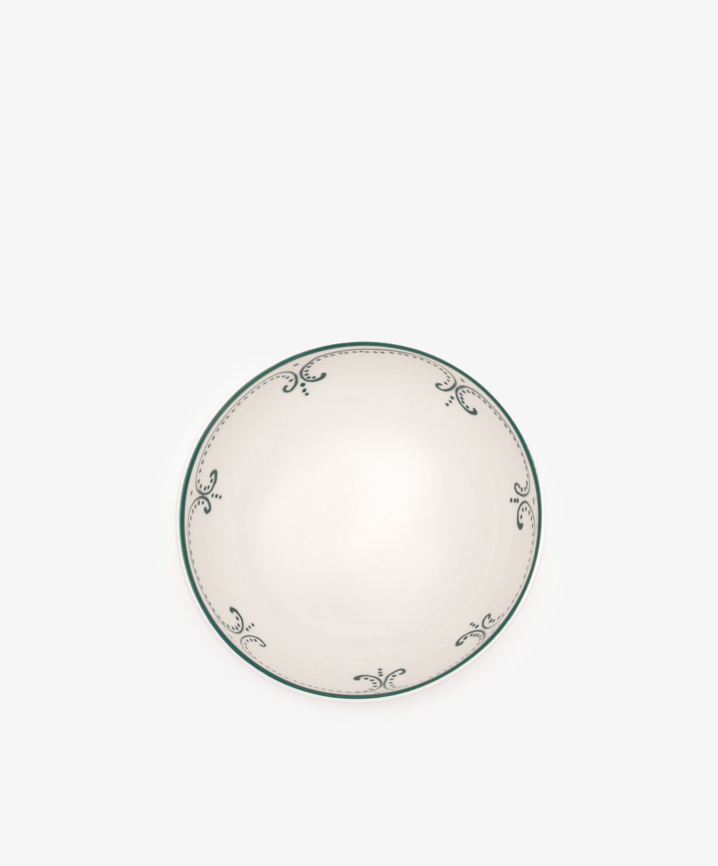 The Arco Cereal Bowl, Set of 4, features round white ceramic bowls with a subtle green rim pattern, crafted in Portugal and displayed against a light background.