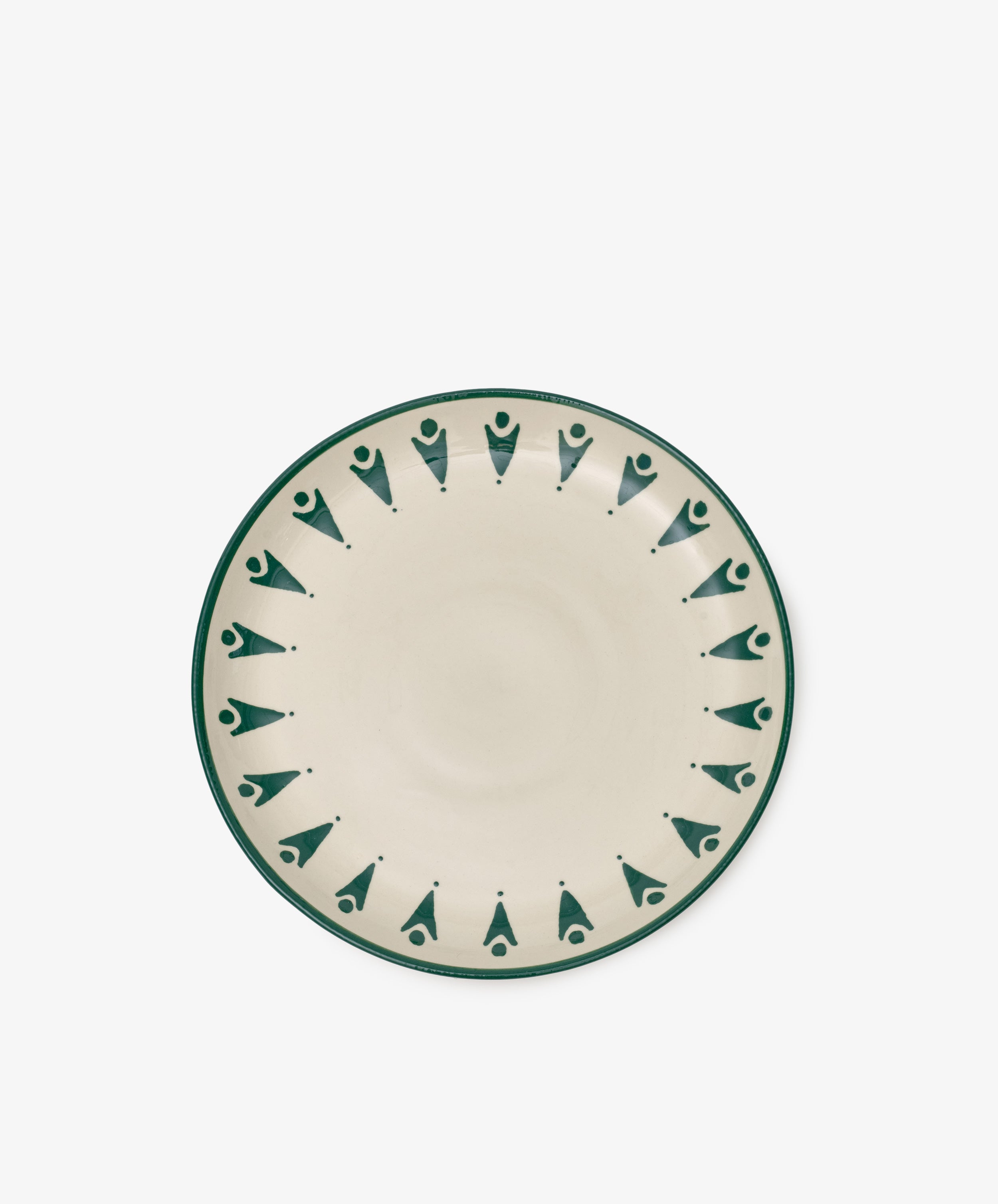The Vito Dinner Plate, Set of 4, features round ceramic plates with a white base and green geometric rim pattern—ideal for everyday use.