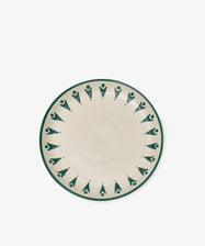 The Vito Dinner Plate, Set of 4, features round ceramic plates with a white base and green geometric rim pattern—ideal for everyday use.
