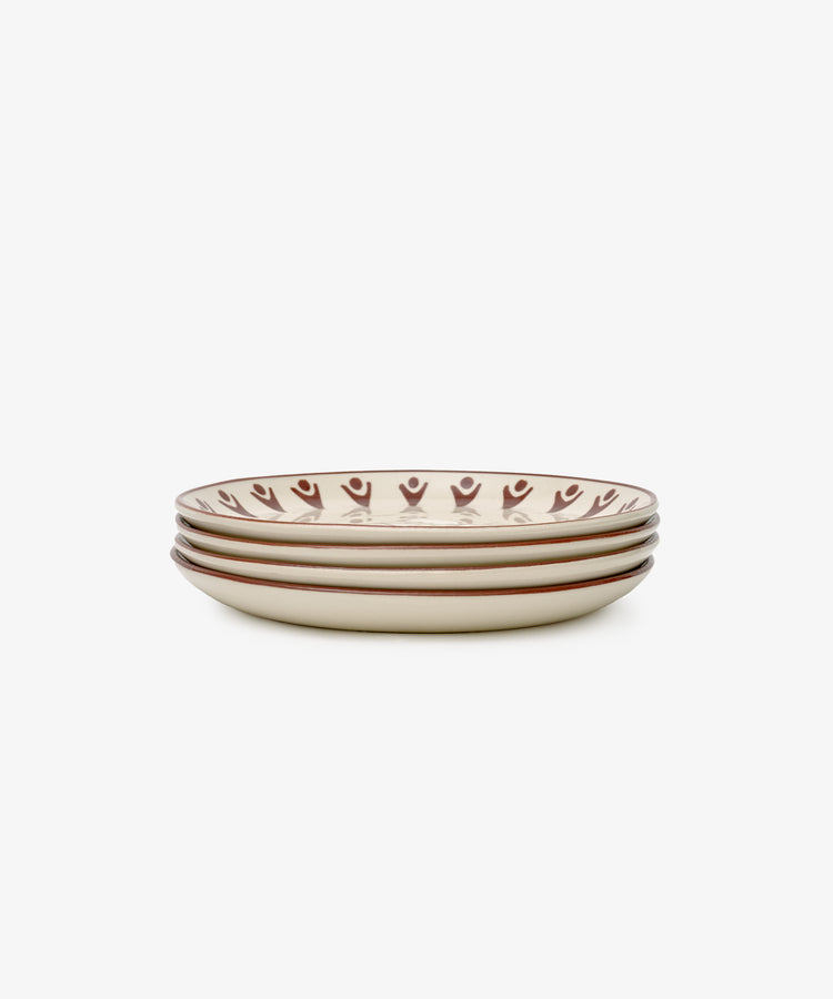 The Vito Small Plate, Set of 4, features beige ceramic plates with brown rim patterns, perfect for everyday use and displayed on a white background.