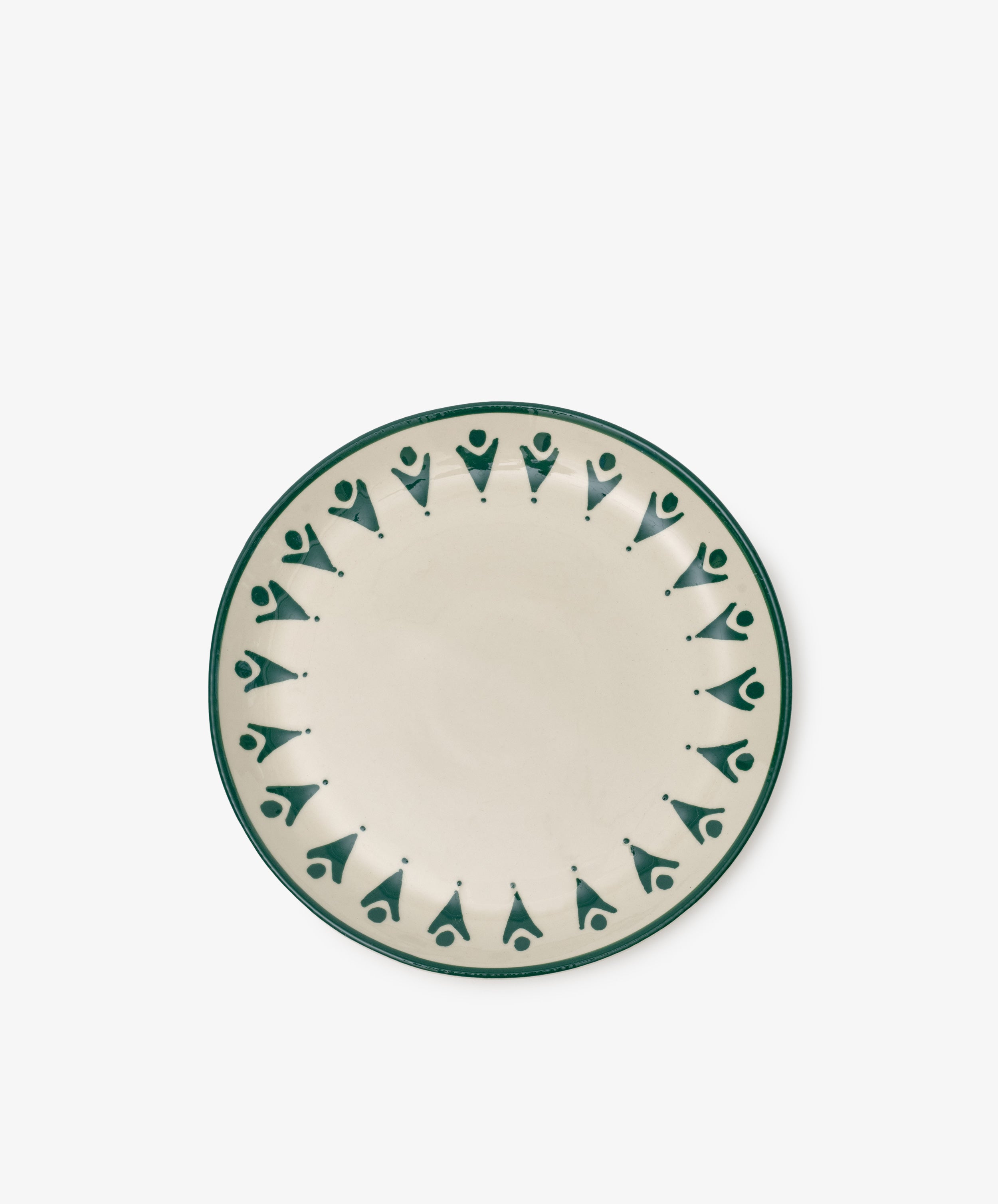 The Vito Small Plate, Set of 4, features round ceramic plates with a green geometric pattern around the edge and abstract shapes on an off-white background—ideal for everyday use.