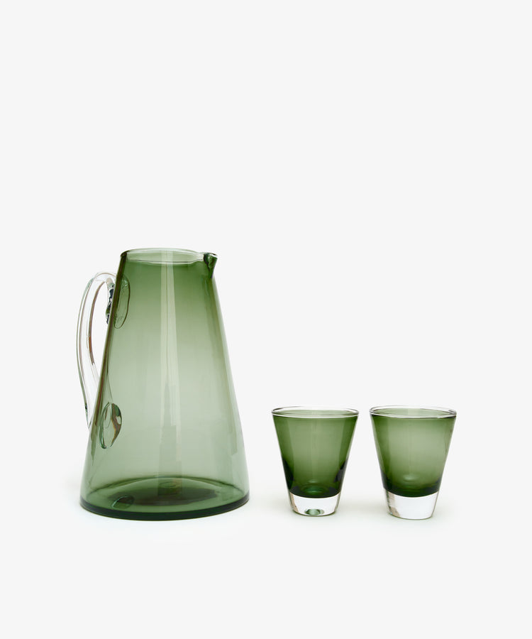 Green Gemma Jug with two green drinking glasses.