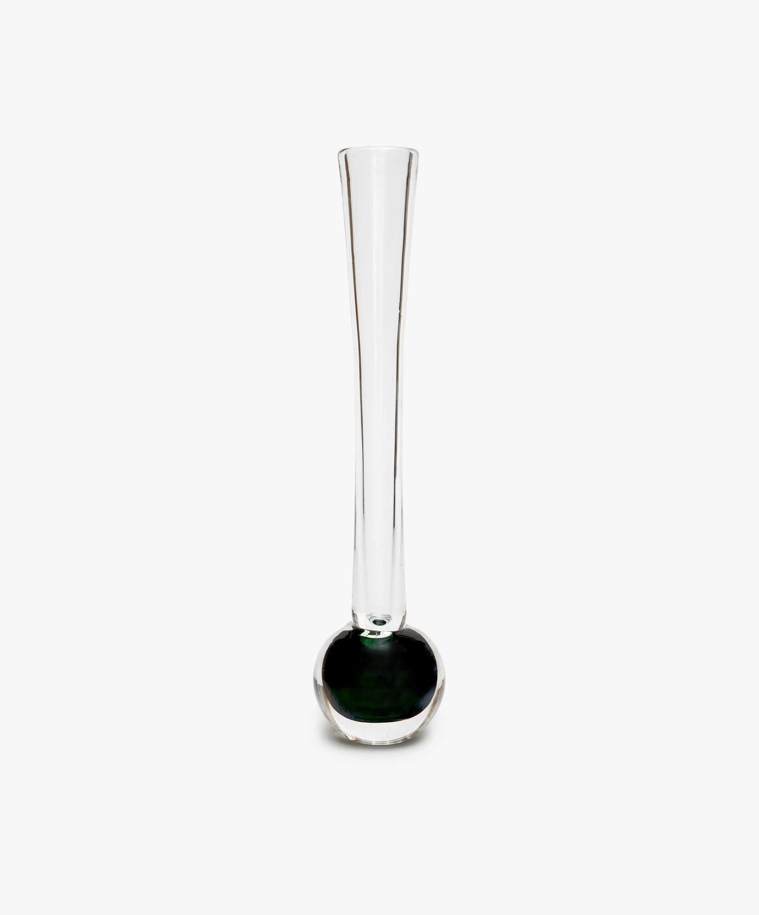 Pallino Bud Vase. Hand-blown glass with smoke green bulb bottom and long skinny neck.