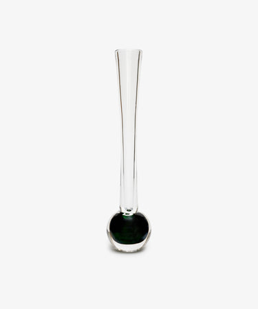 Pallino Bud Vase. Hand-blown glass with smoke green bulb bottom and long skinny neck.