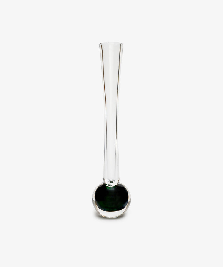 Pallino Bud Vase. Hand-blown glass with smoke green bulb bottom and long skinny neck.