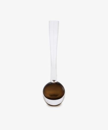 Pallino Bud Vase. Hand-blown glass with olive green bulb bottom and long skinny neck.