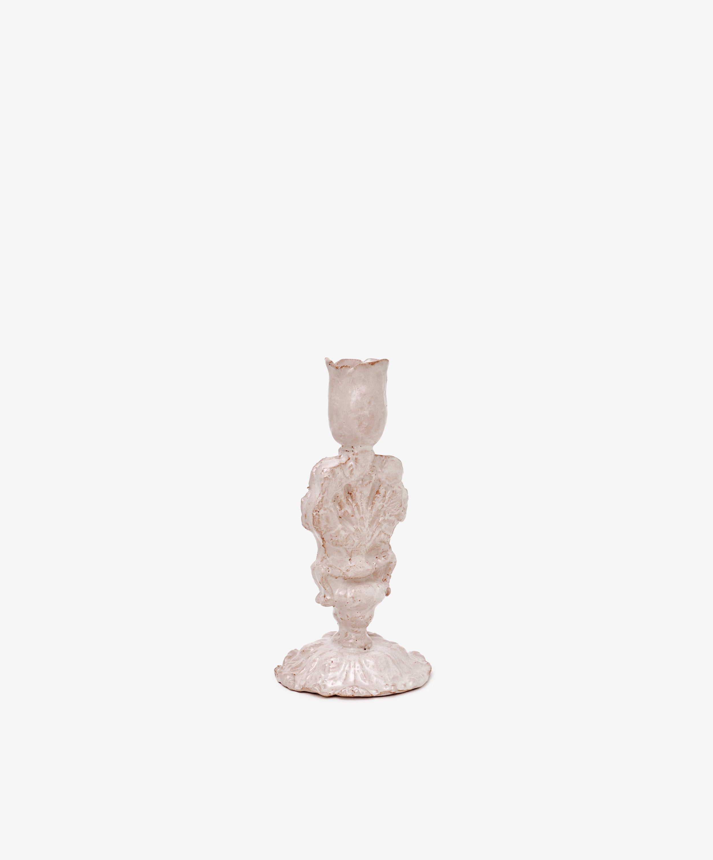 The Jarra De Flores Candleholder features a sculptural, vintage-inspired design with hand-moulded decorative details, showcased against a plain white background.