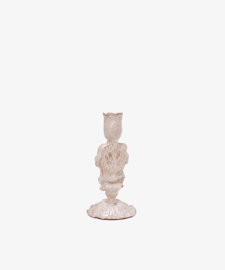 The Jarra De Flores Candleholder features a sculptural, vintage-inspired design with hand-moulded decorative details, showcased against a plain white background.