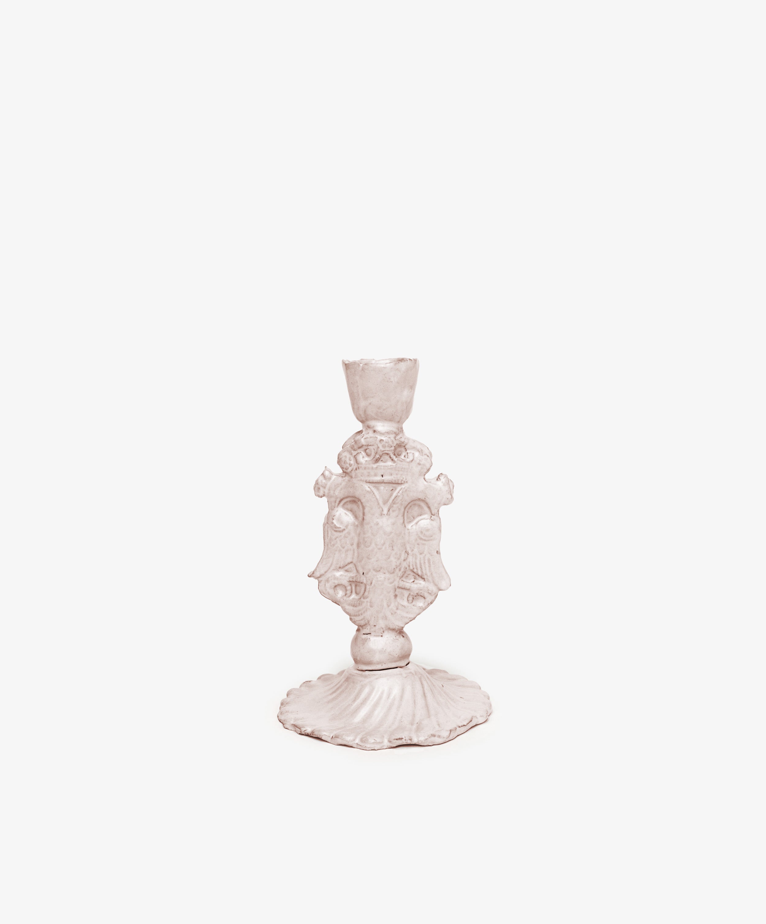 The Aguila Bicefala Candleholder is an ornate, vintage-style piece featuring sculptural form and decorative detailing, shown against a plain white background.
