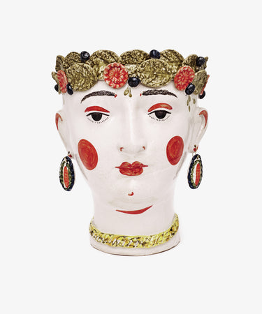Testa di Moro, Arandano: A ceramic vase inspired by Testa di Moro heads, features a woman’s head with a leafy crown, earrings, and bold facial details—a striking sculptural statement piece for your home décor.