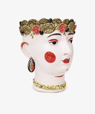 Testa di Moro, Arandano: Ceramic vase shaped like a womans head with painted features, floral crown, jewelry details, and inspired by traditional Testa di Moro—an artistic homeware statement piece.