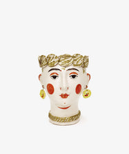 Testa di Moro, Biloba: a ceramic vase inspired by classic Testa di Moro heads, features a sculpted human face with painted details, gold-toned hair accents, earrings, and necklace—a standout piece for unique homeware collections.