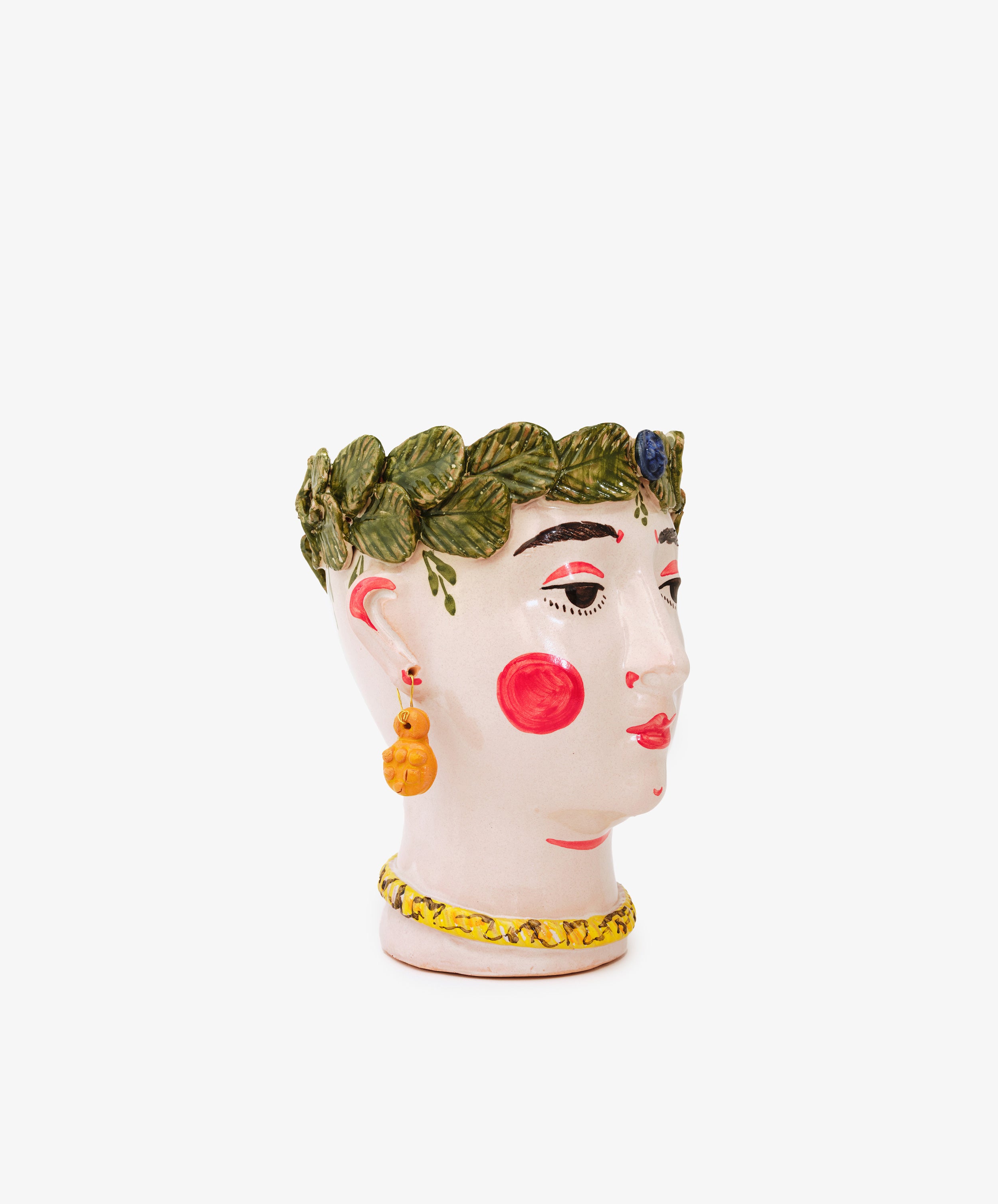 Testa di Moro, Cornelia by The Exvotos. Hand-painted glazed ceramic decorative head vessel, side view.