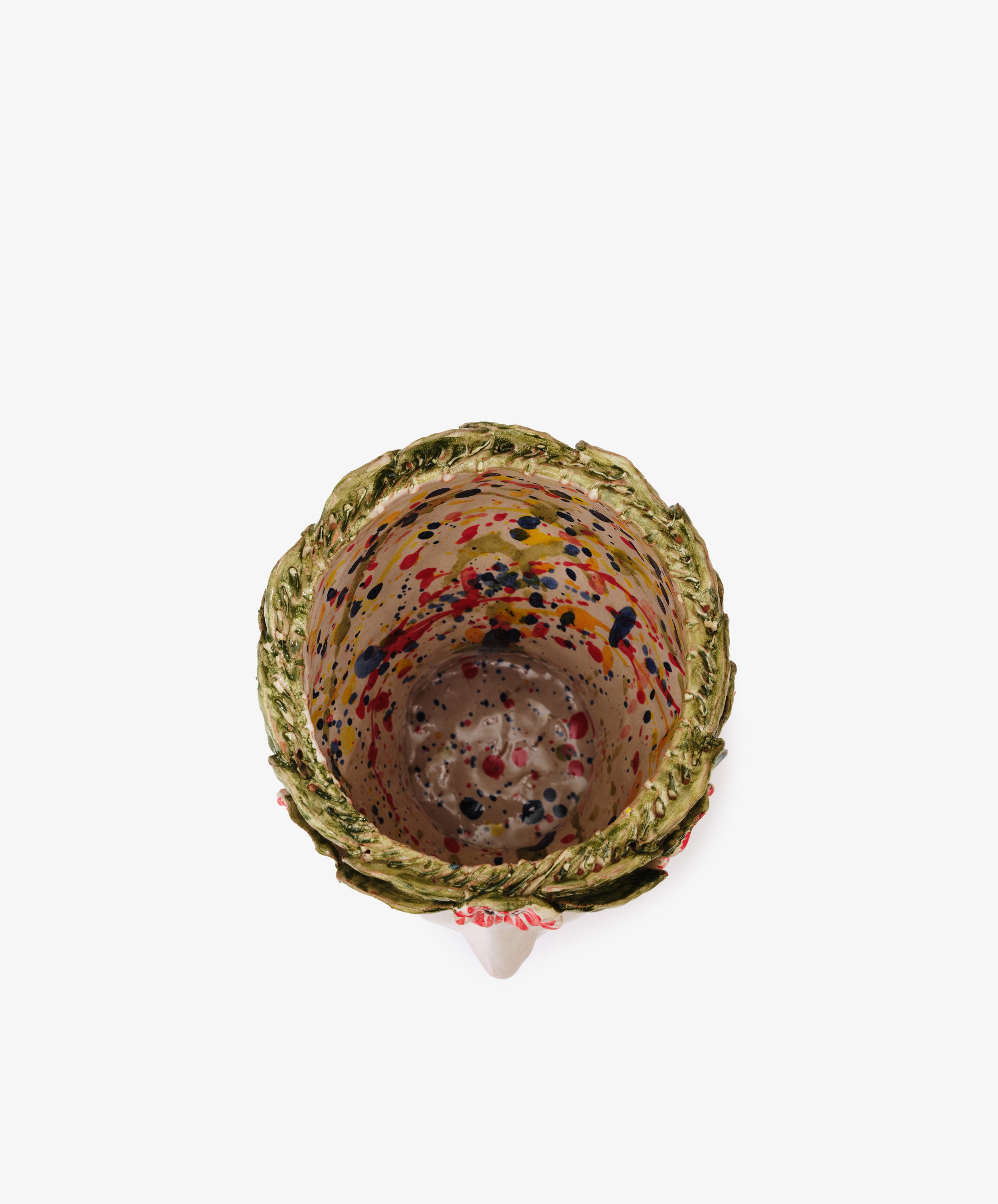 Testa di Moro, Cornelia. Hand-painted glazed ceramic decorative head vessel, overhead view with paint splatters.