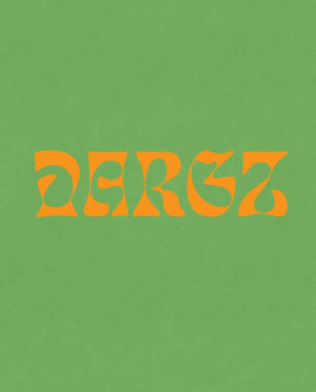 orange graphic font on green background