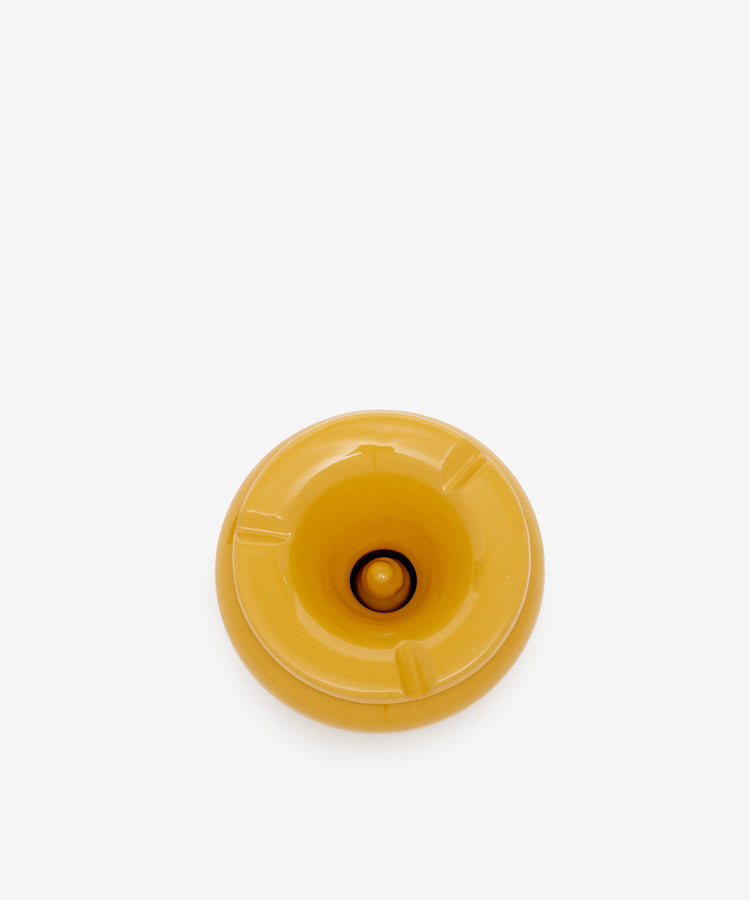Mix & Match Ashtray by Enza Fasano. Glazed ceramic vessel with matching lid in mustard yellow, top view.
