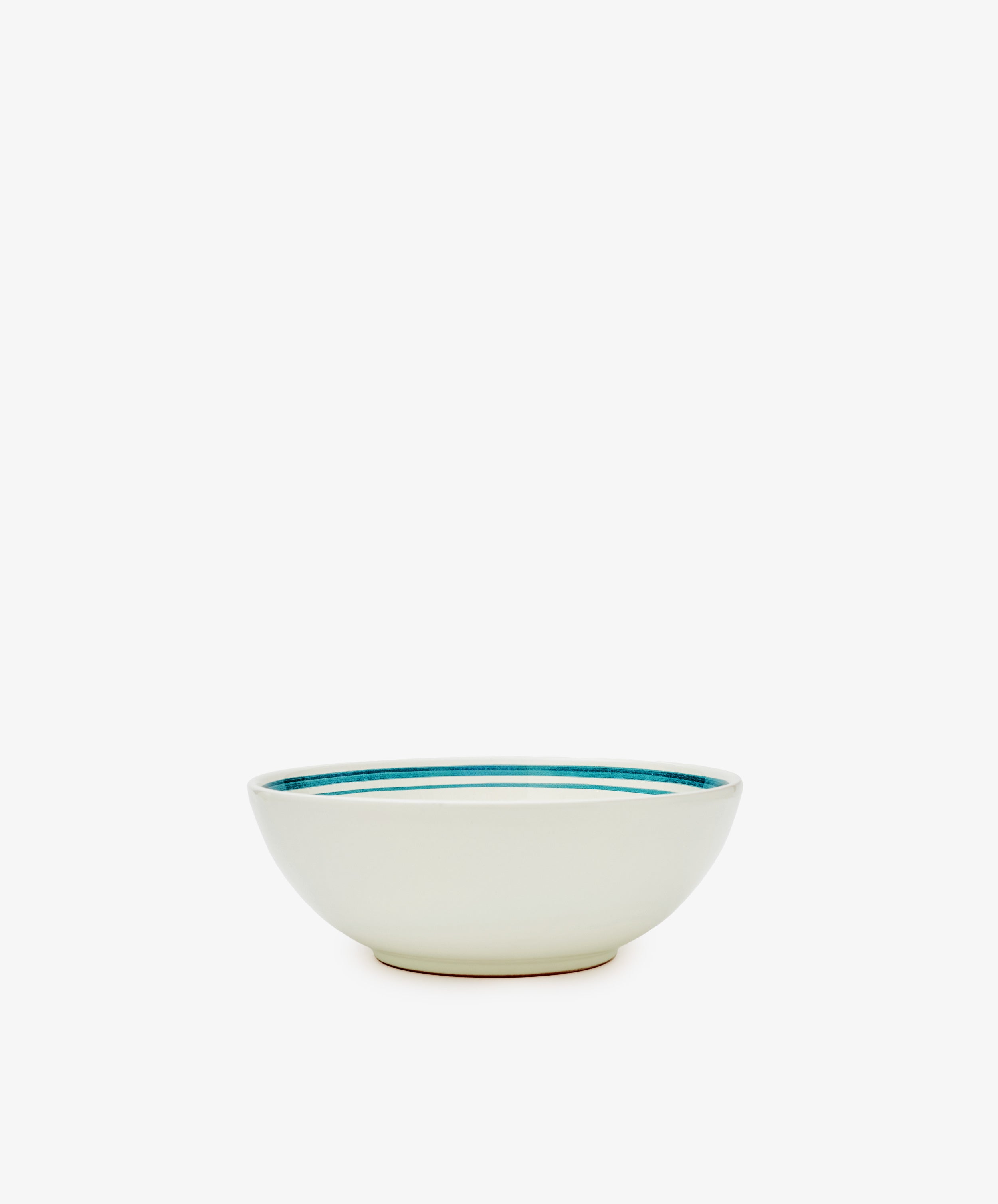 The Folk Cereal Bowl, Horse is a hand-painted Italian ceramic bowl with a white body and blue inner rim, shown on a plain white background. Ideal for mixing and matching with your favorite tableware.