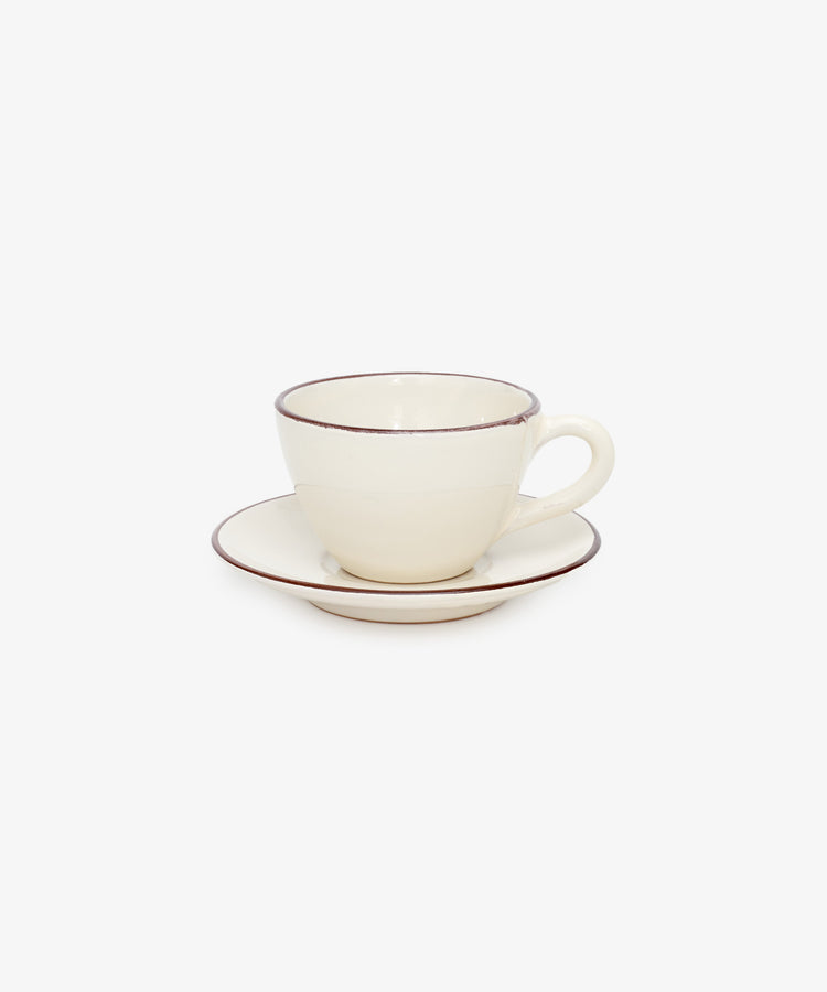 Guido Coffee Set by Enza Fasano. White glazed ceramic cup and saucer with painted burgundy striped border.