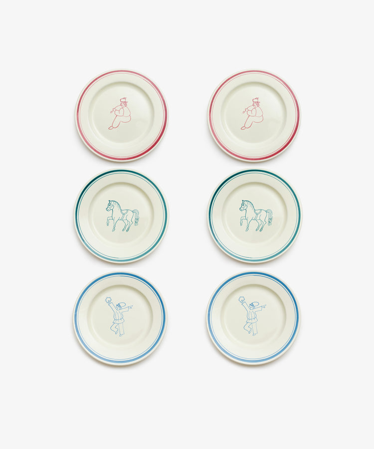 Six Folk Dinner Plate, Jester ceramic plates with colored rims and simple line drawings of people or horses at the center are arranged in two columns and three rows on a white background.