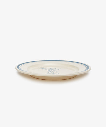 The Folk Dinner Plate, Jester is a hand-painted Italian plate with a thin blue rim and a simple blue line design at the center—perfect for adding elegance to your tableware.