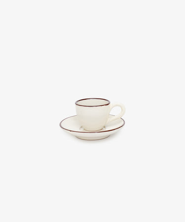 Gio Espresso Set by Enza Fasano. White glazed ceramic espresso cup with matching saucer and burgundy painted stripe border