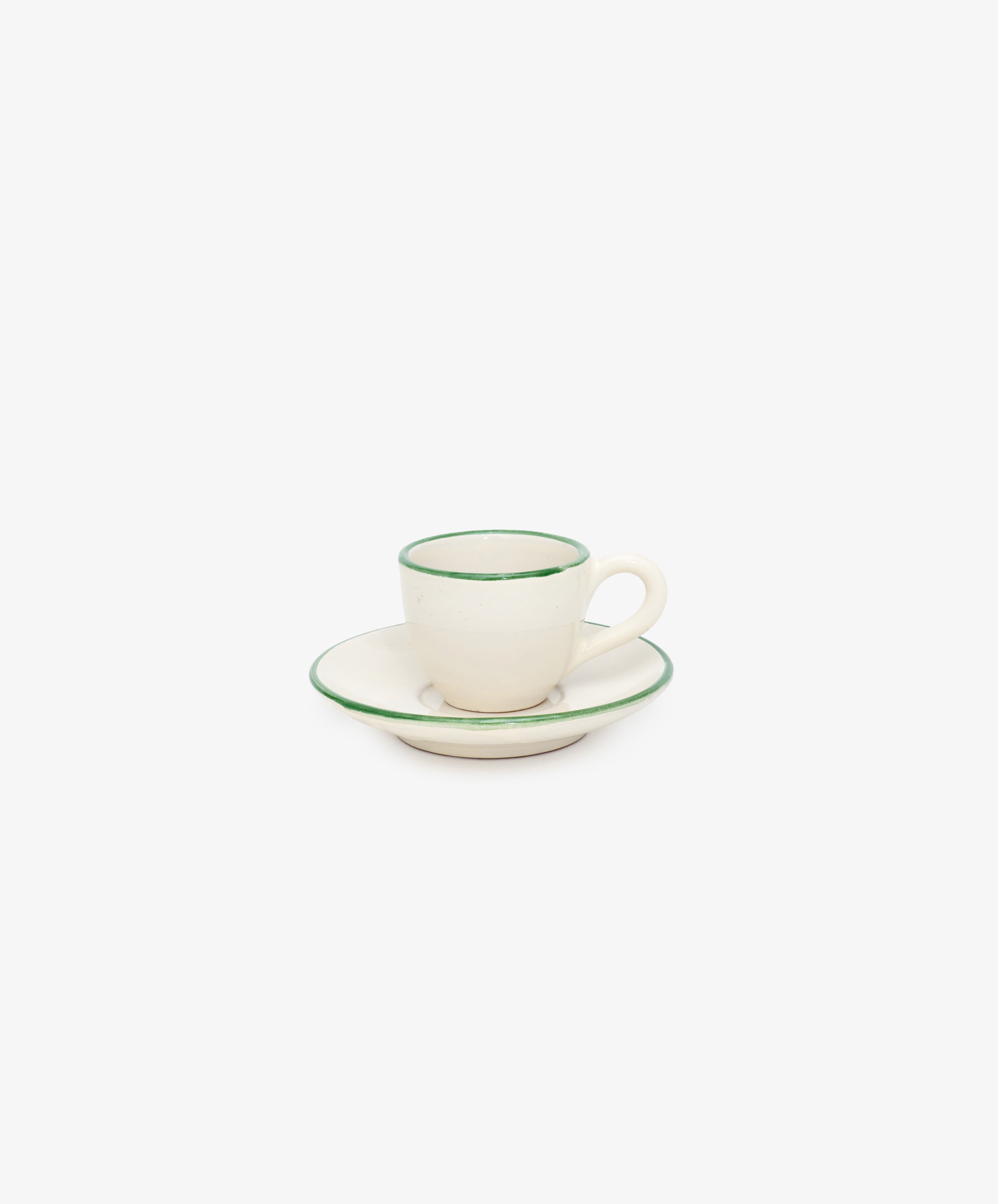 Gio Espresso Set by Enza Fasano. White glazed ceramic espresso cup with matching saucer and green painted stripe border