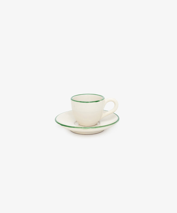 Gio Espresso Set by Enza Fasano. White glazed ceramic espresso cup with matching saucer and green painted stripe border