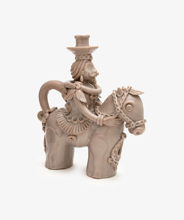 Large Bello Horseman Candelabra by Enza Fasano. Tan glazed ceramic sculptural candle holder of man on horse.