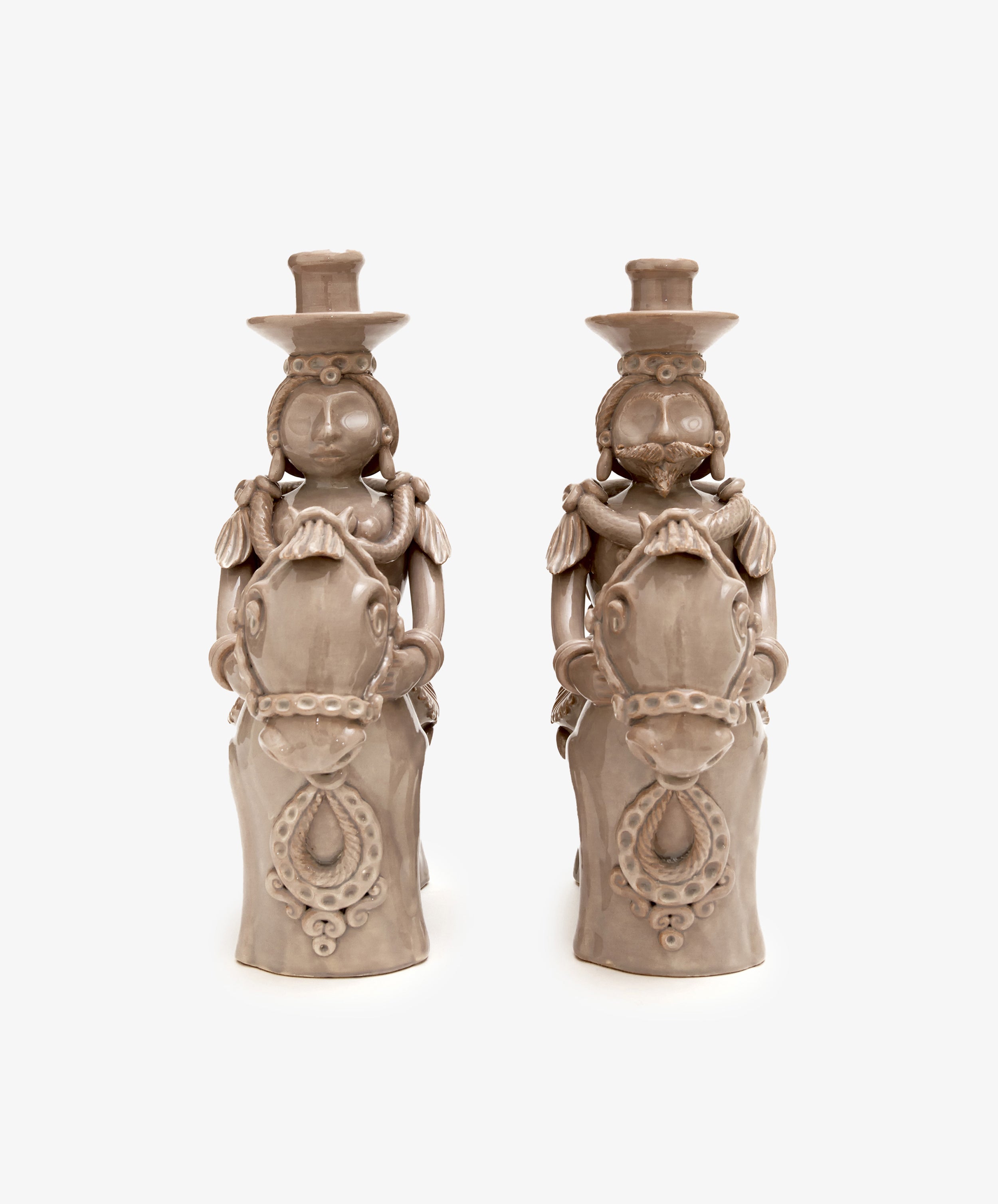 Pair of Bella and Bello Horseman Candelabras, front view.