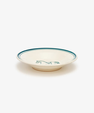 The Folk Pasta Bowl, Horse, is a shallow cream-colored ceramic plate with a green rim and a hand-painted simple green horse illustration on the inner edge.