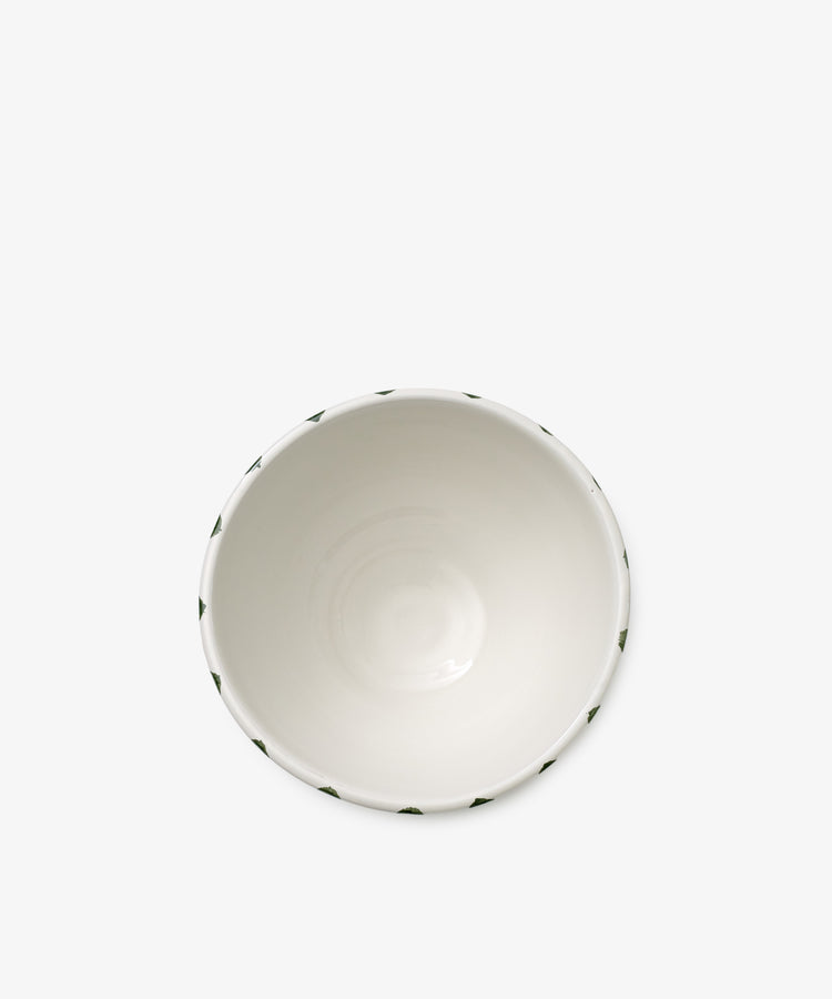 Set of 4 white ceramic Nina Bowls, each with a smooth finish and dotted rim of small green triangles. Shown from above on a plain white background. Pair with the matching small plate for a cohesive table setting.