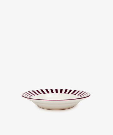 The Julius Serving Platter is a shallow white ceramic piece featuring maroon vertical stripes around the rim, shown on a plain white background.