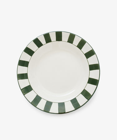 Julius Serving Platter in Green. Green stripes on round white ceramic platter. Top view.