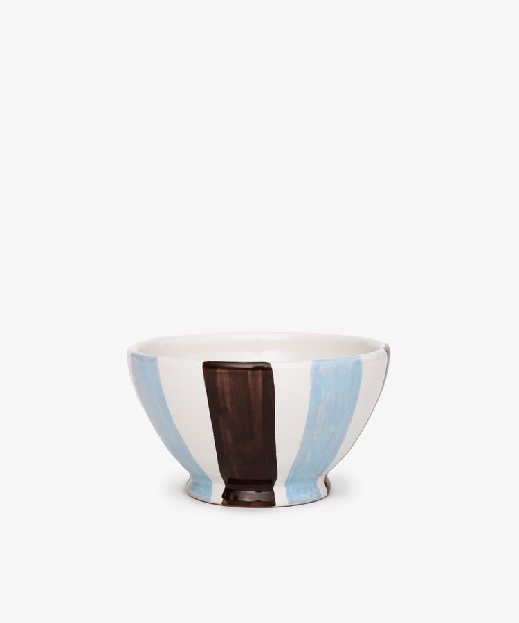 The Mina Bowl, Set of 4, features hand-painted Italian craftsmanship with unique vertical sky blue and brown stripes on a white background, beautifully displayed on a plain white surface.