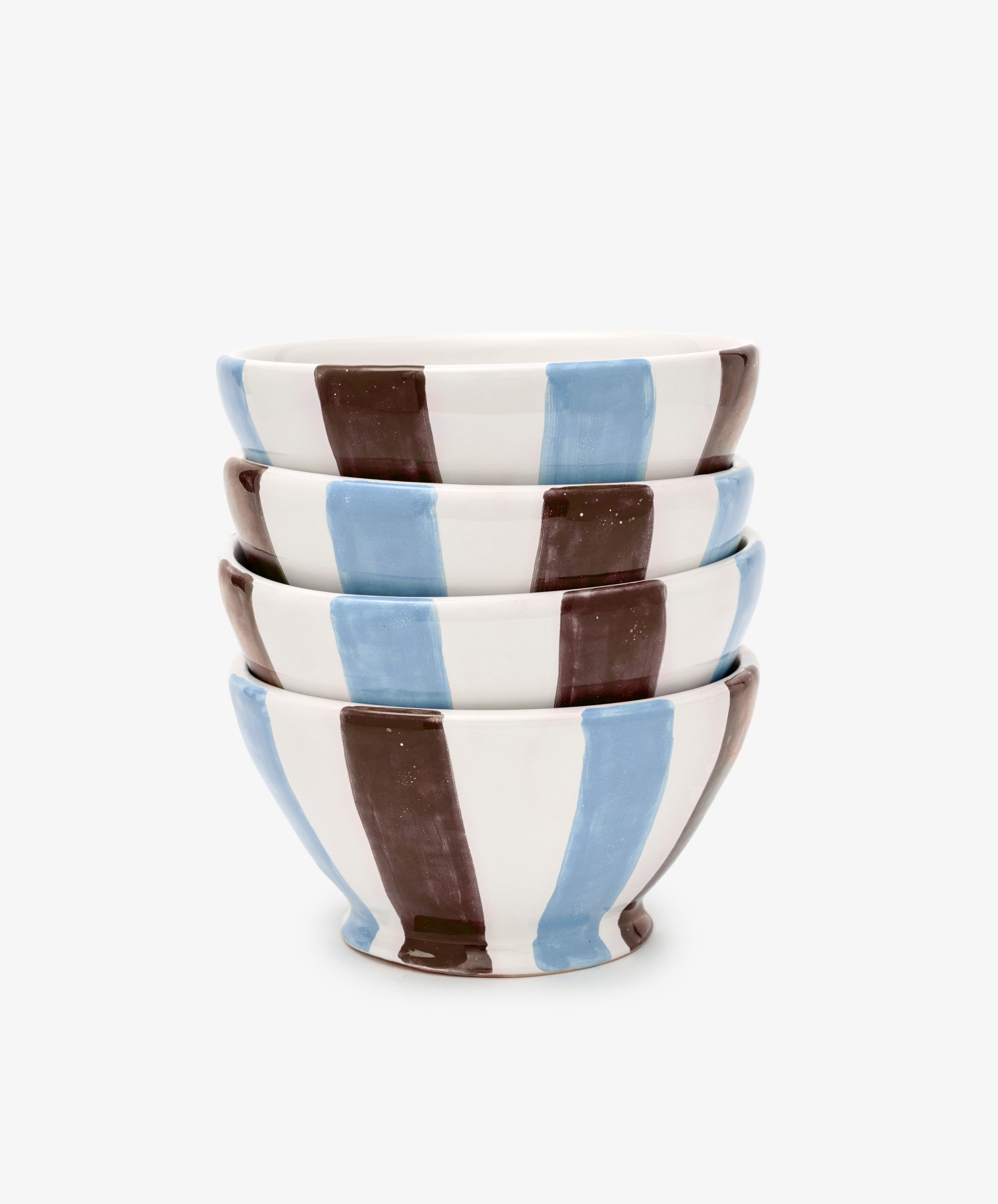 The Mina Bowl Set of 4 features ceramic bowls, each with a unique hand-painted stripe design in alternating sky blue and brown on white, inspired by Italian craftsmanship. Stacks neatly for stylish serving or display.