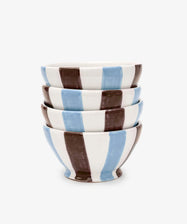The Mina Bowl Set of 4 features ceramic bowls, each with a unique hand-painted stripe design in alternating sky blue and brown on white, inspired by Italian craftsmanship. Stacks neatly for stylish serving or display.