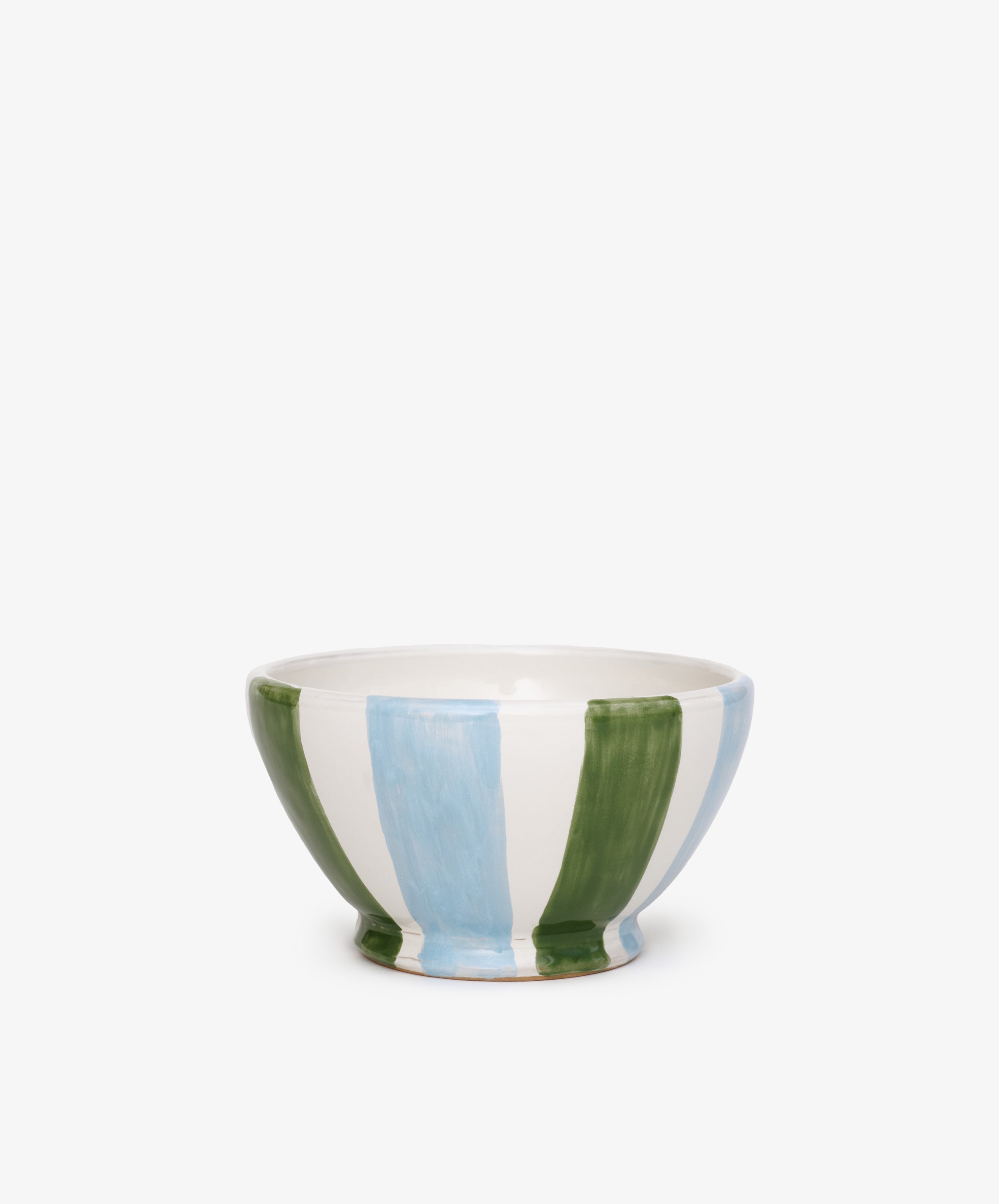 The Mina Bowl, Set of 4, features hand-painted vertical blue and green stripes on white—perfect for adding Mediterranean charm to your table.