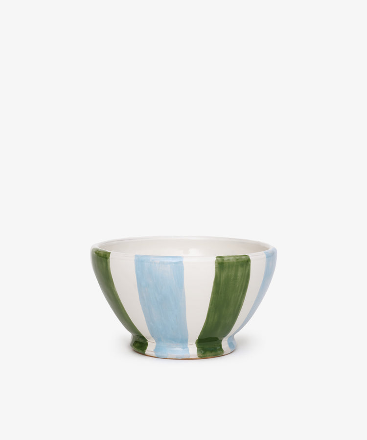The Mina Bowl, Set of 4, features hand-painted vertical blue and green stripes on white—perfect for adding Mediterranean charm to your table.