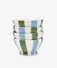 The Mina Bowl, Set of 4, features ceramic bowls with alternating green and blue vertical stripes stacked together, highlighting Mediterranean tableware style on a plain white background.