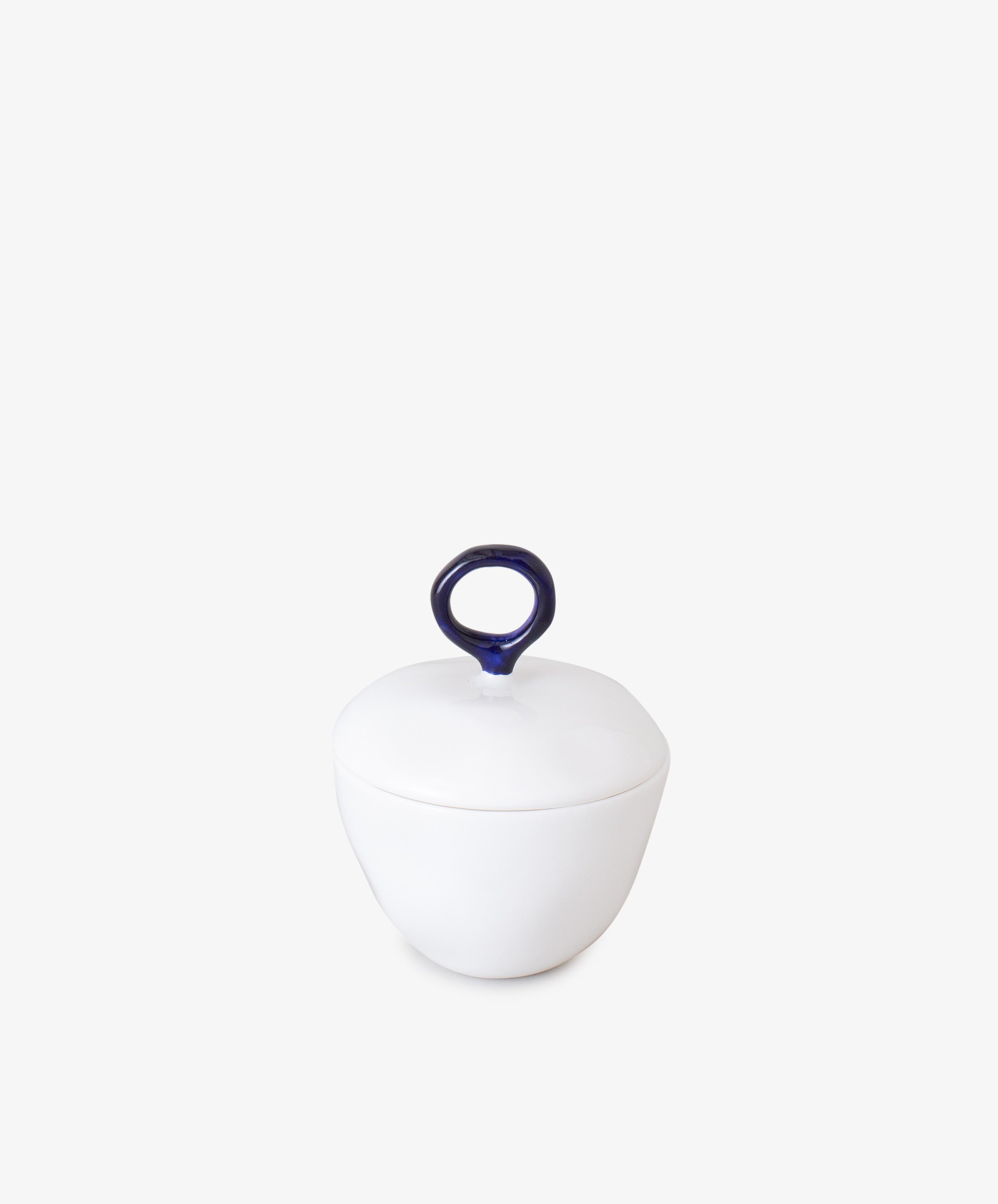 Sugarpot with Lid by Feldspar. White china pot with lid and blue circular handle, back view.