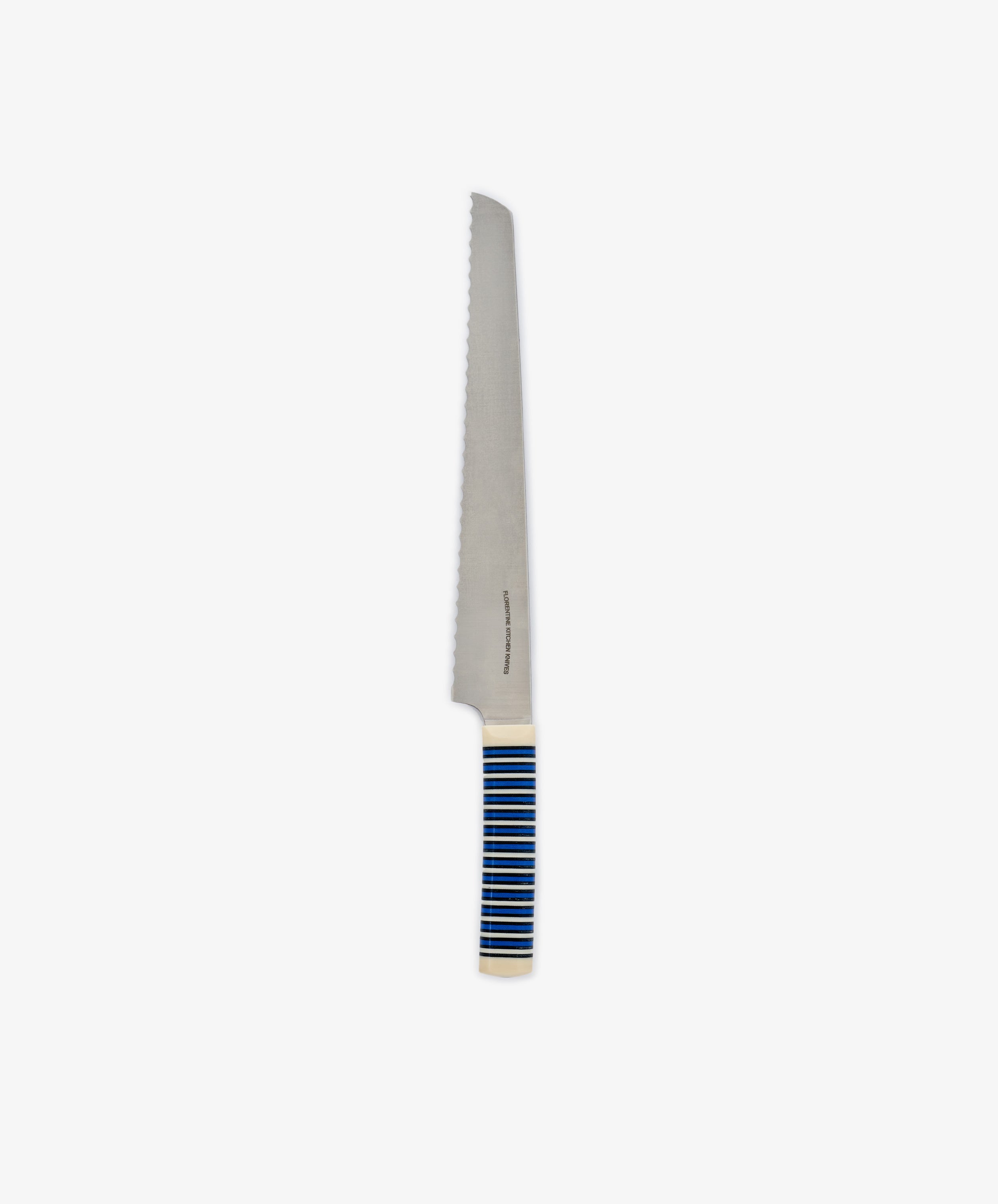 The Bread Knife features a sharp serrated stainless steel blade and a handle decorated with blue and white horizontal stripes, displayed against a plain white background.