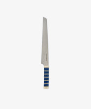 The Bread Knife features a sharp serrated stainless steel blade and a handle decorated with blue and white horizontal stripes, displayed against a plain white background.