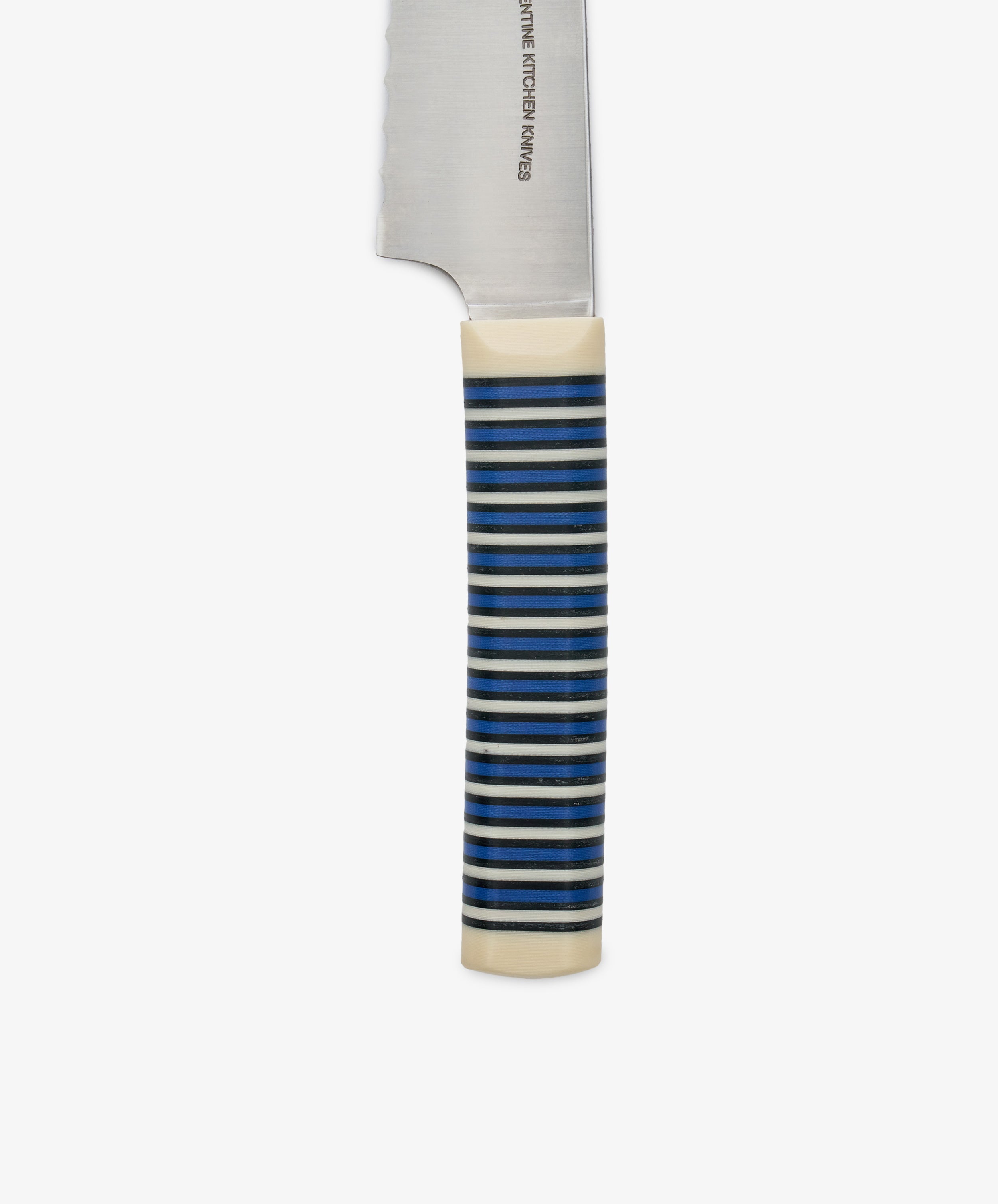 The Bread Knife features a partially visible serrated-edge blade and a handle with distinctive horizontal blue and black stripes on a white background, making it perfect for slicing through even the crispest crust.