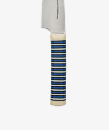 The Bread Knife features a partially visible serrated-edge blade and a handle with distinctive horizontal blue and black stripes on a white background, making it perfect for slicing through even the crispest crust.