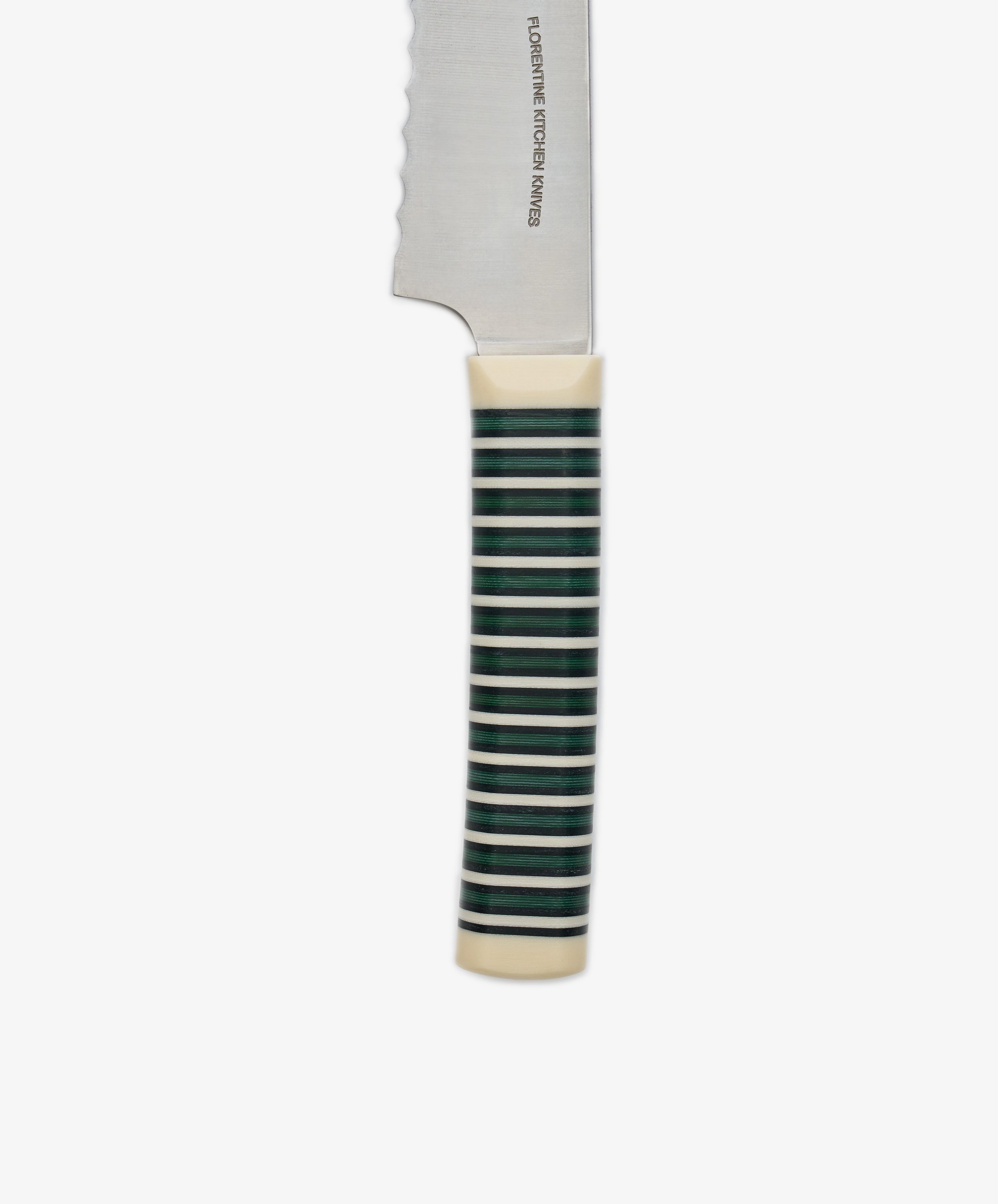 Close-up of the Bread Knife, showcasing its striped forest green and white handle and a partially visible serrated stainless steel blade.