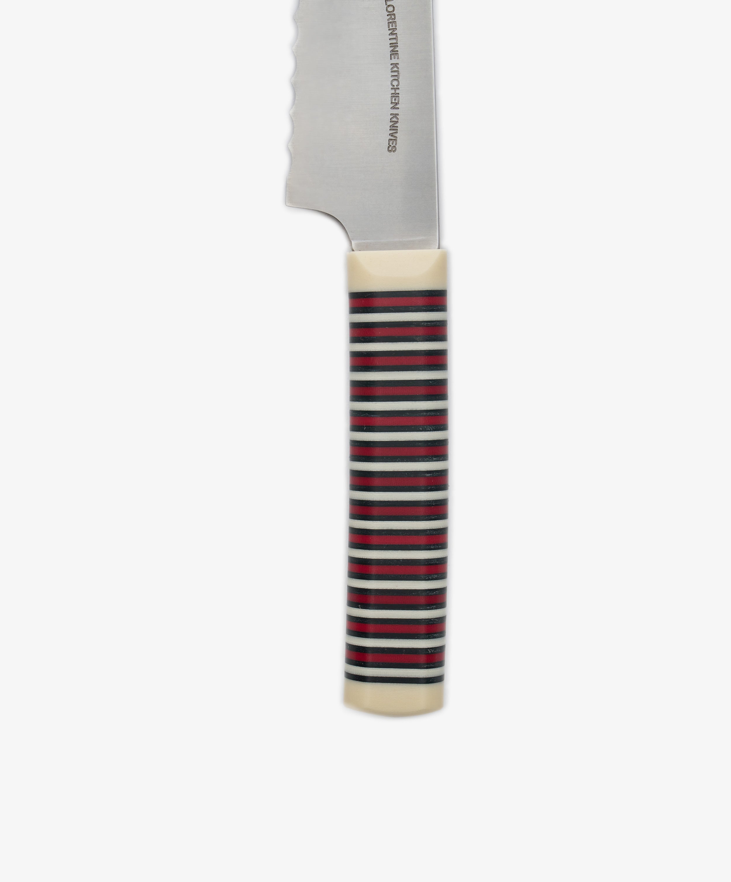 A close-up of the Bread Knife handle featuring horizontal red, black, and green stripes, with a visible section of the serrated blade set against a white background.