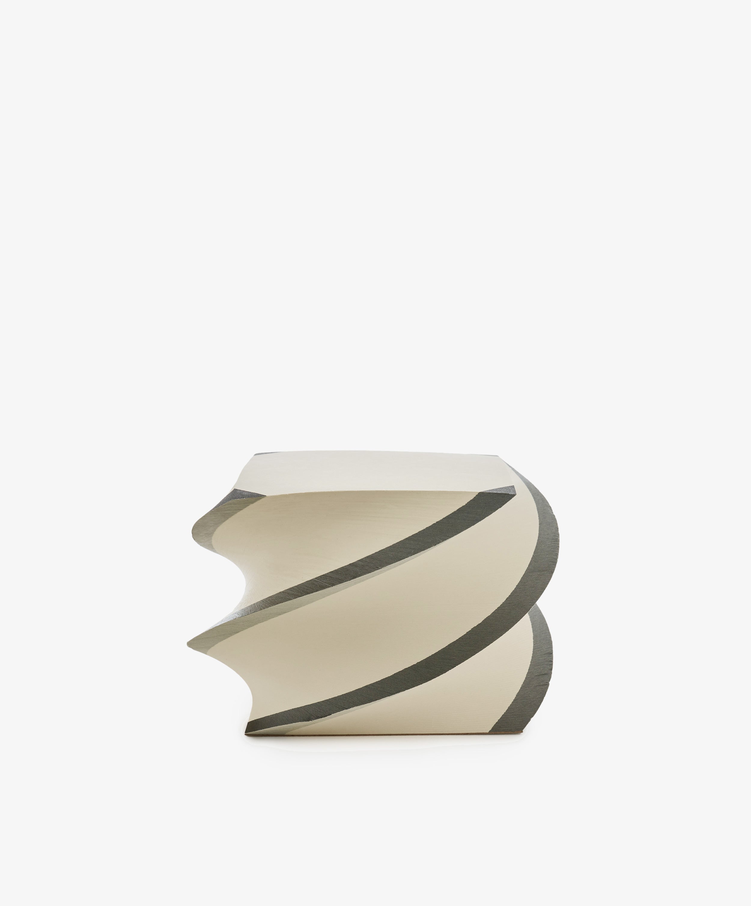 Introducing the Spiral Notepad: an off-white, sculptural stool with a twisted spiral design inspired by the product’s namesake, highlighted with gray accents and presented against a clean white backdrop.